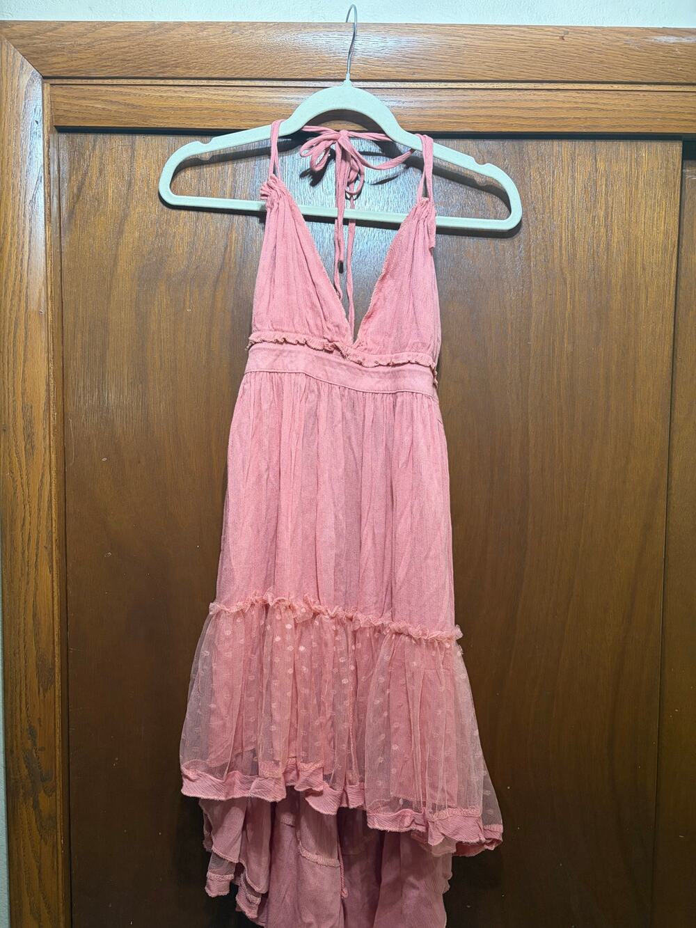 Vivimos Pink Halter Handkerchief Hem Boho Mini Dress Women's Large L 12 14 NWT